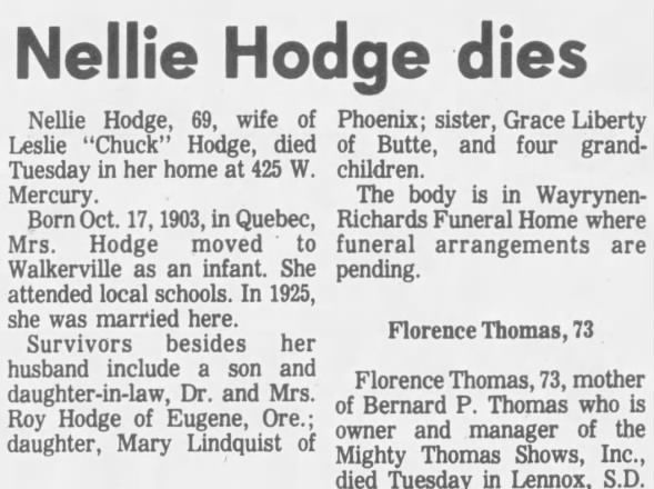 Obituary for Nellie Hodge (Aged 73)